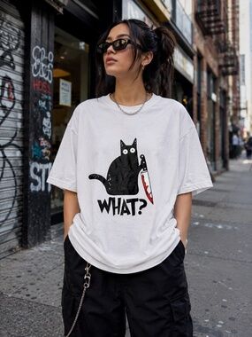Black Cat What? Bloody Knife Graphic Funny Horror Goth Emo Kitty T-Shirt Sz M